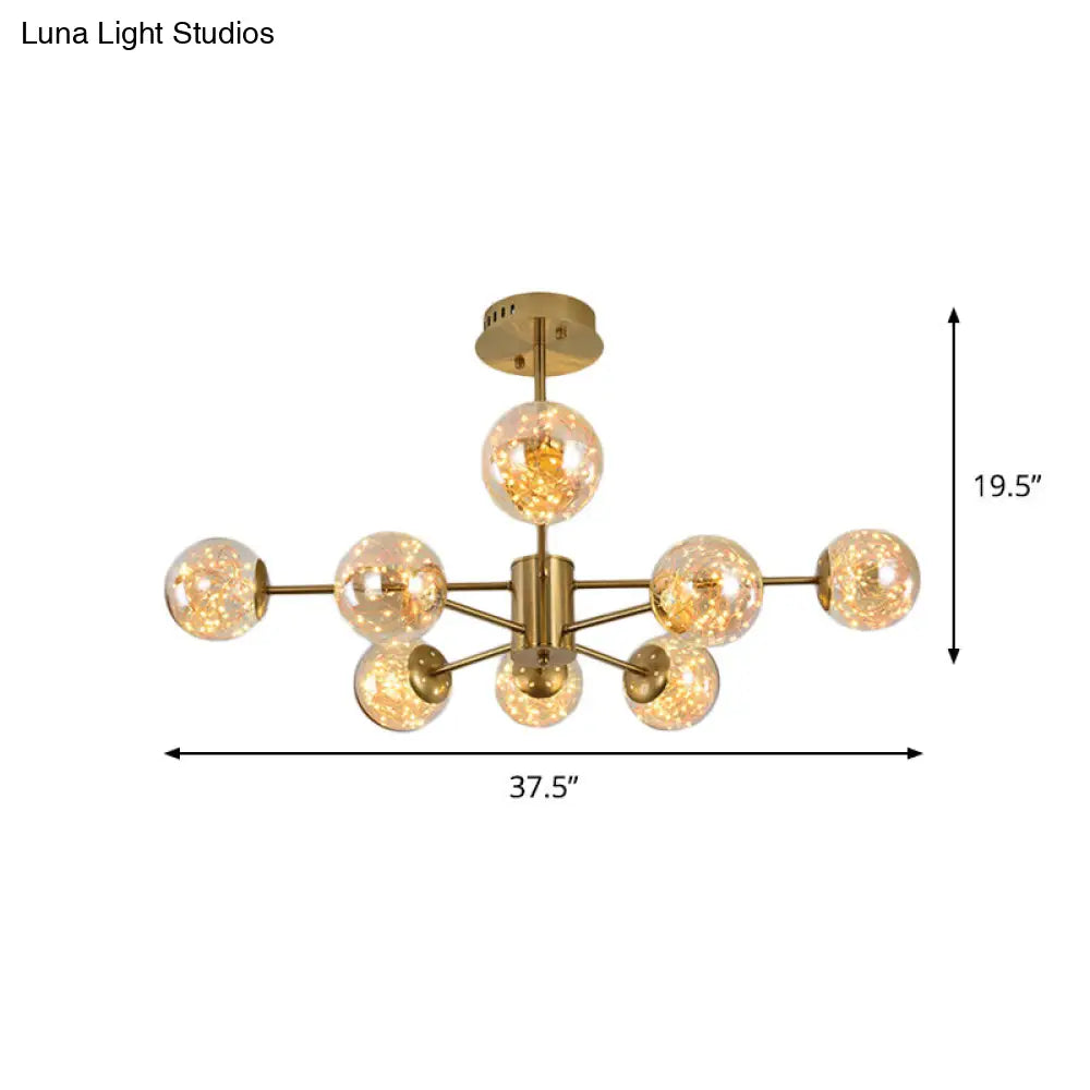 Modernist Amber Glass Ball Suspension Light 6/8 Heads Brass Sputnik Chandelier For Dining Room