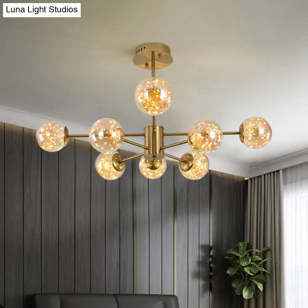 Modernist Amber Glass Ball Suspension Light 6/8 Heads Brass Sputnik Chandelier For Dining Room 8 /