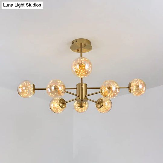 Modern Amber Glass Ball Chandelier - Stylish Brass Sputnik Suspension Light For Dining Room