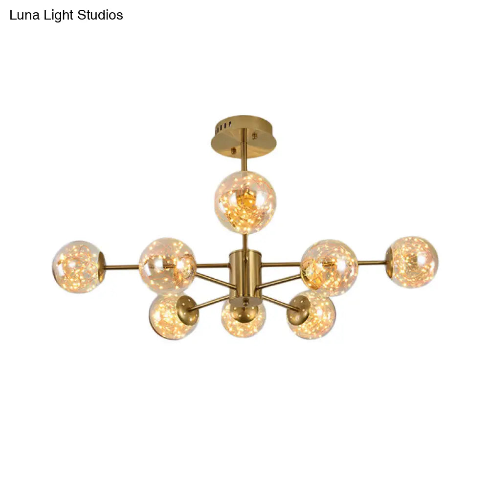 Modernist Amber Glass Ball Suspension Light 6/8 Heads Brass Sputnik Chandelier For Dining Room