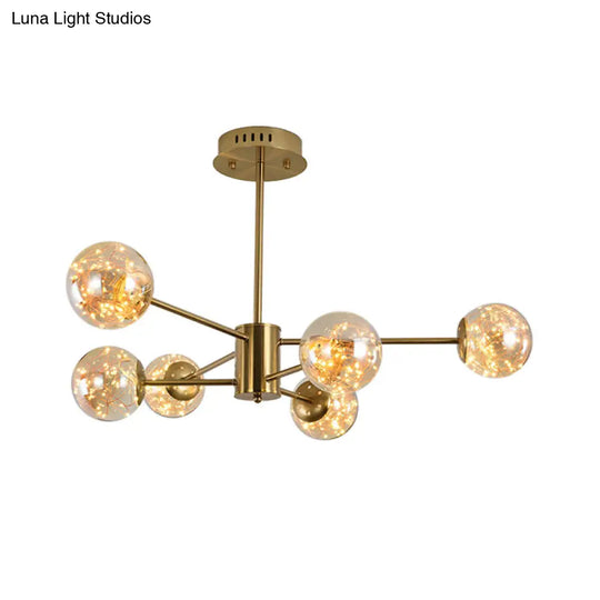Modernist Amber Glass Ball Suspension Light 6/8 Heads Brass Sputnik Chandelier For Dining Room