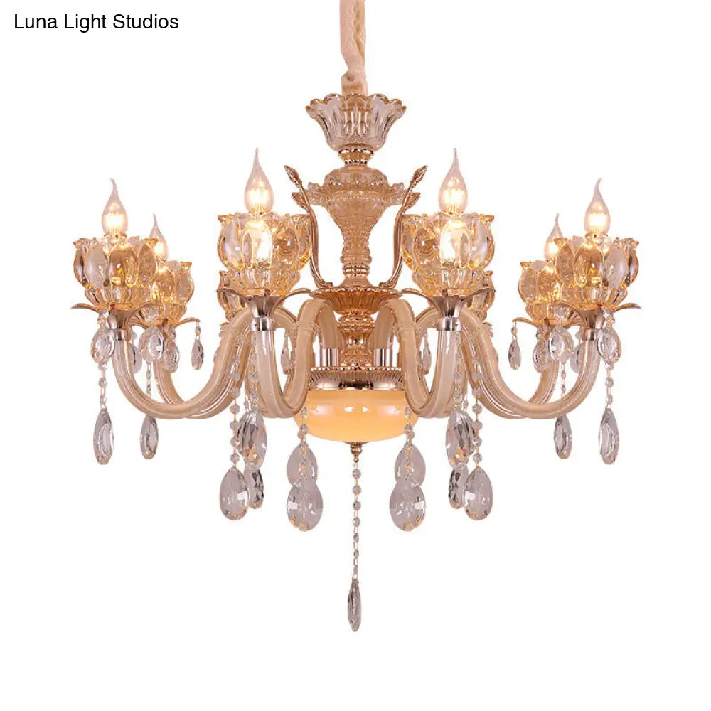 Modern Amber Glass Candle Chandelier With Crystal Drop - 6/8 Bulbs Elegant Living Room Pendant Gold