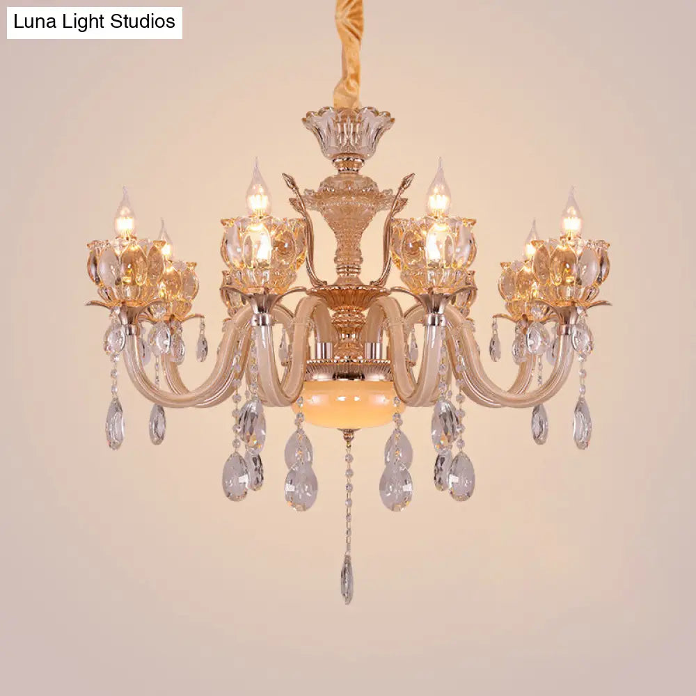 Modern Gold Candle Chandelier Lamp With Amber Glass Shades - 6/8 Bulbs Crystal Drop Perfect For