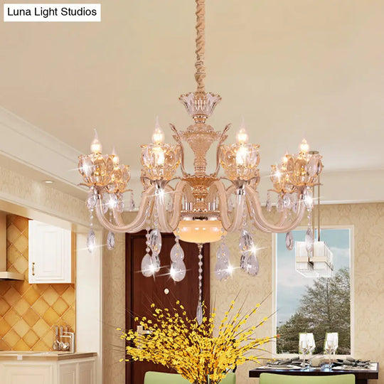 Modern Gold Candle Chandelier Lamp With Amber Glass Shades - 6/8 Bulbs Crystal Drop Perfect For