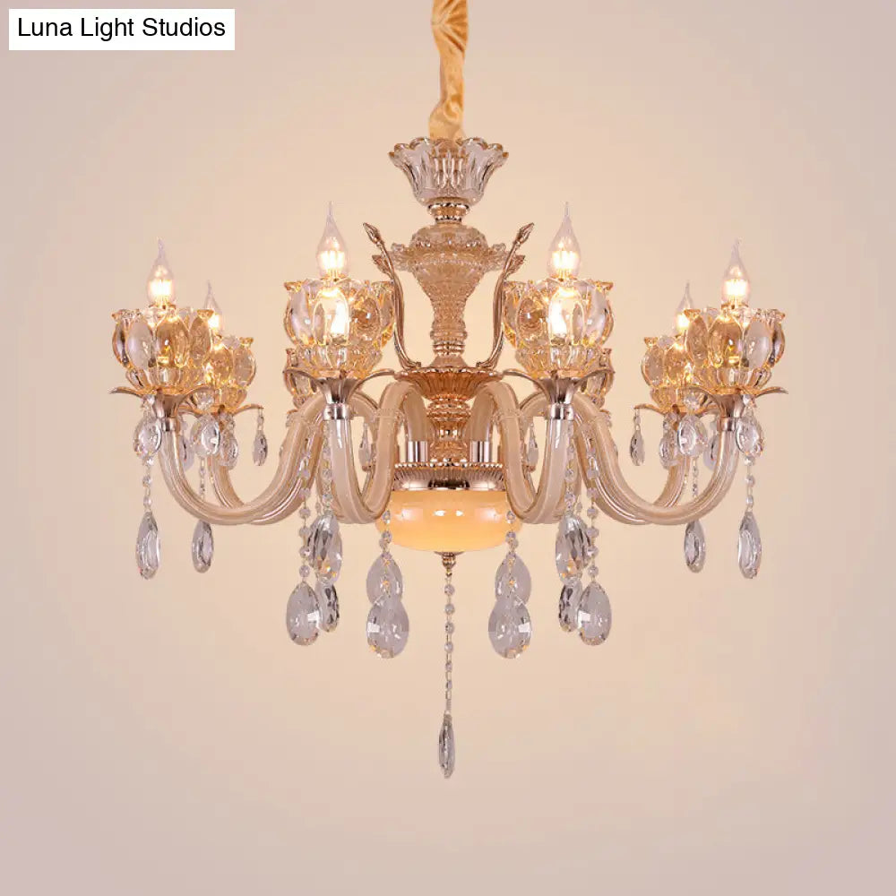 Modern Amber Glass Candle Chandelier With Crystal Drop - 6/8 Bulbs Elegant Living Room Pendant Gold