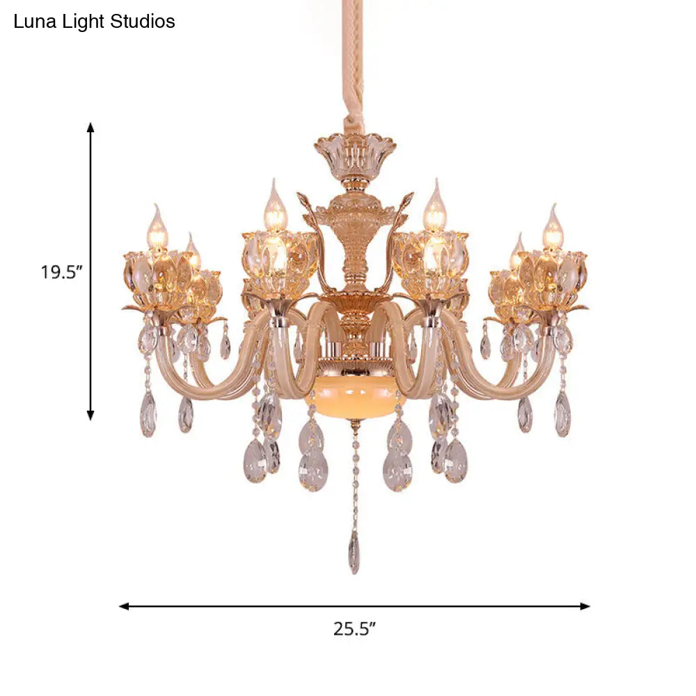 Modern Gold Candle Chandelier Lamp With Amber Glass Shades - 6/8 Bulbs Crystal Drop Perfect For