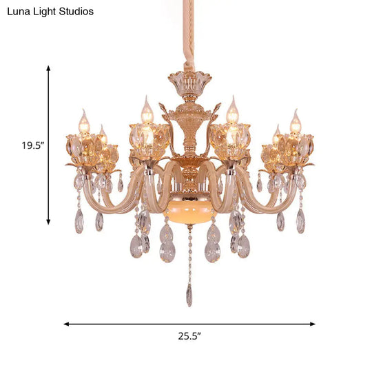 Modern Gold Candle Chandelier Lamp With Amber Glass Shades - 6/8 Bulbs Crystal Drop Perfect For