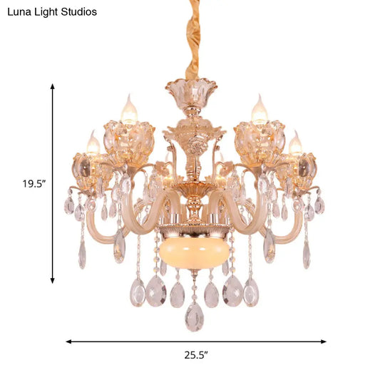 Modern Amber Glass Candle Chandelier With Crystal Drop - 6/8 Bulbs Elegant Living Room Pendant Gold