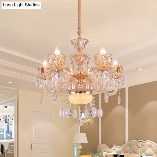 Modern Gold Candle Chandelier Lamp With Amber Glass Shades - 6/8 Bulbs Crystal Drop Perfect For