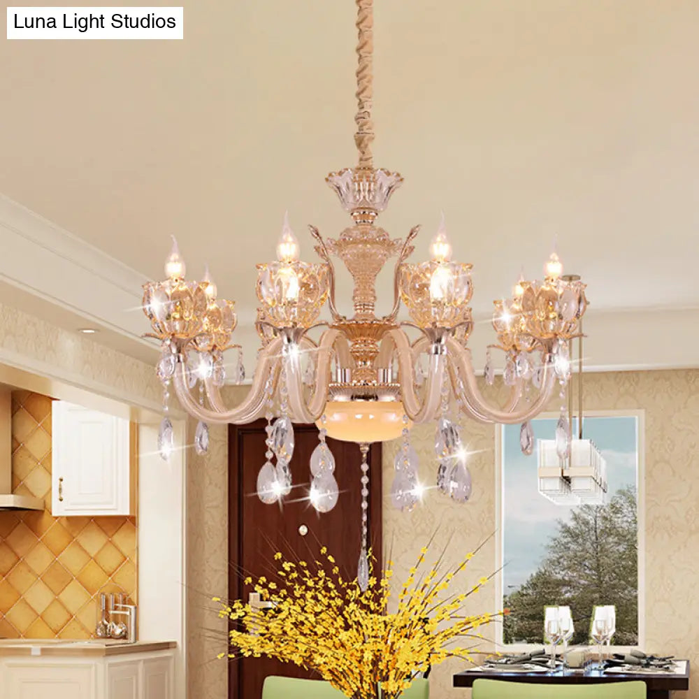 Modern Amber Glass Candle Chandelier With Crystal Drop - 6/8 Bulbs Elegant Living Room Pendant Gold