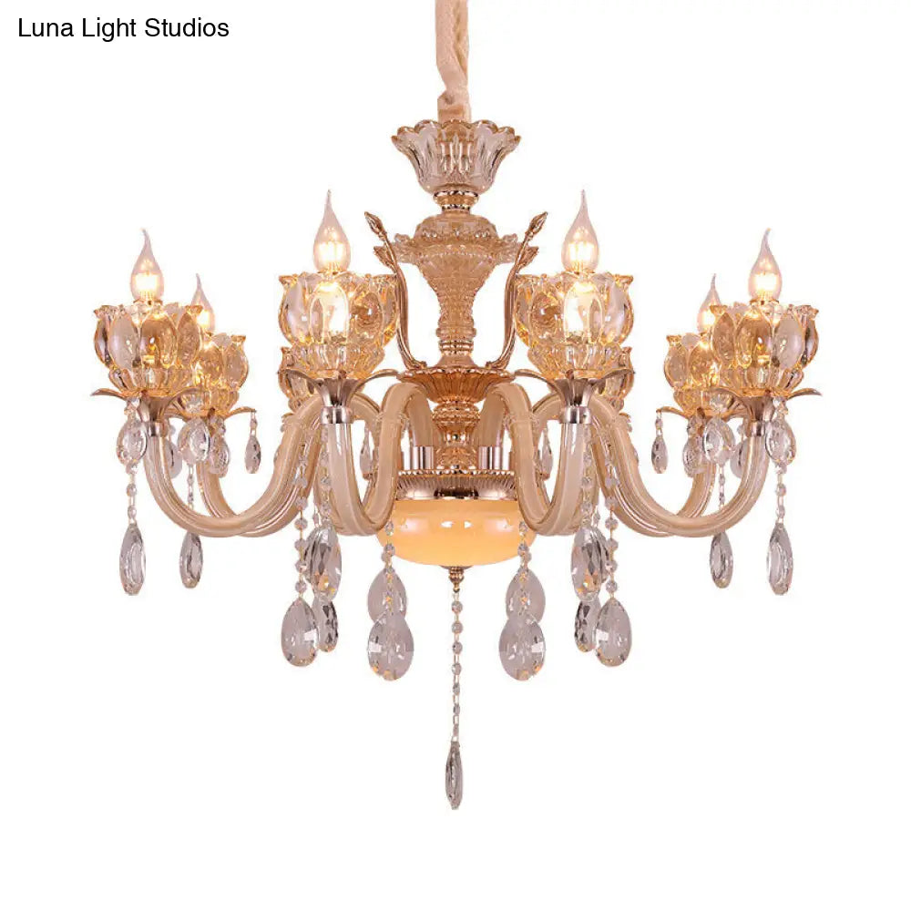 Modern Gold Candle Chandelier Lamp With Amber Glass Shades - 6/8 Bulbs Crystal Drop Perfect For