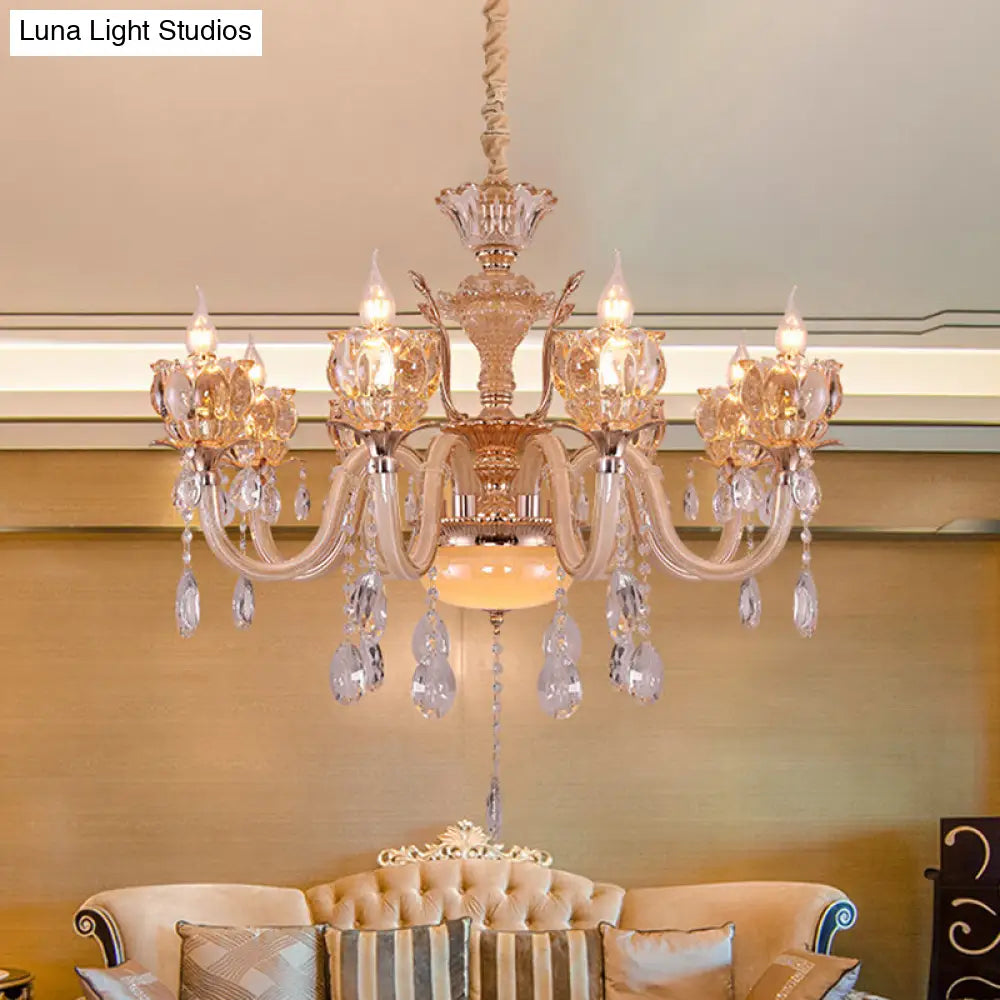 Modern Gold Candle Chandelier Lamp With Amber Glass Shades - 6/8 Bulbs Crystal Drop Perfect For