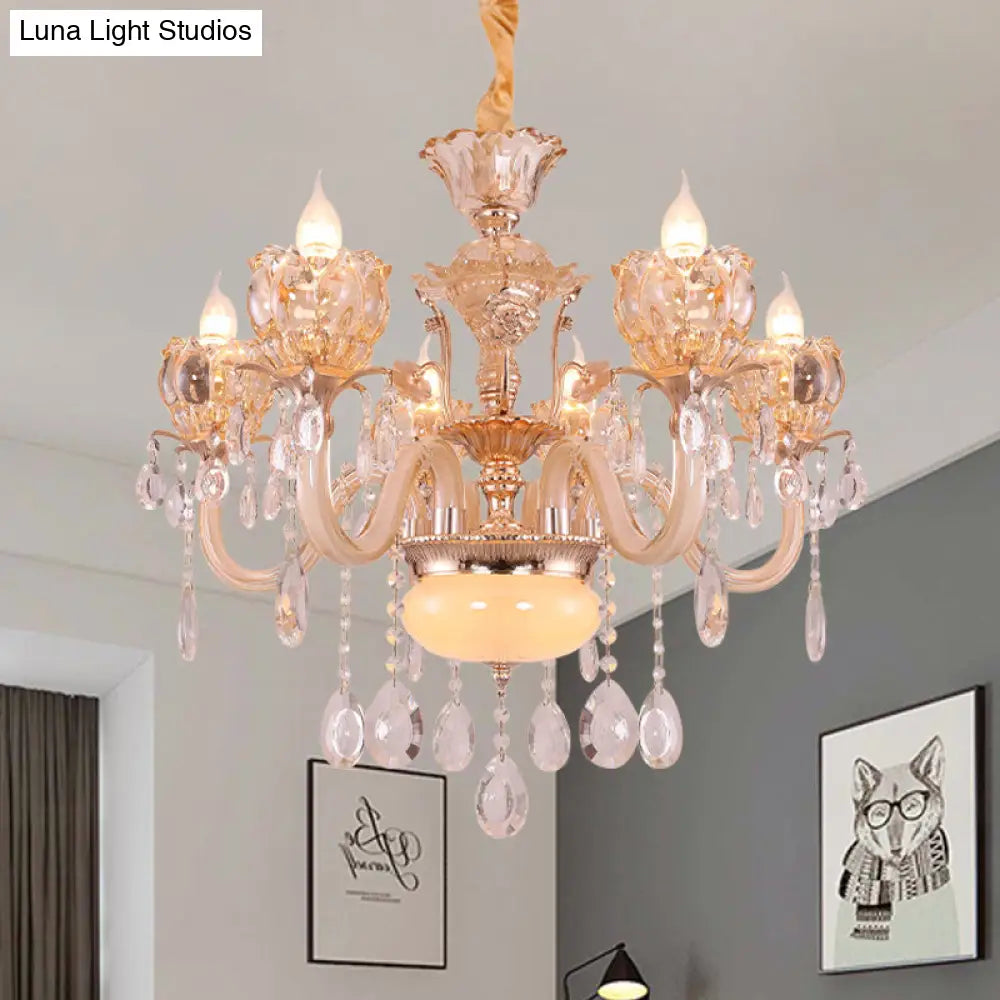 Modern Amber Glass Candle Chandelier With Crystal Drop - 6/8 Bulbs Elegant Living Room Pendant Gold