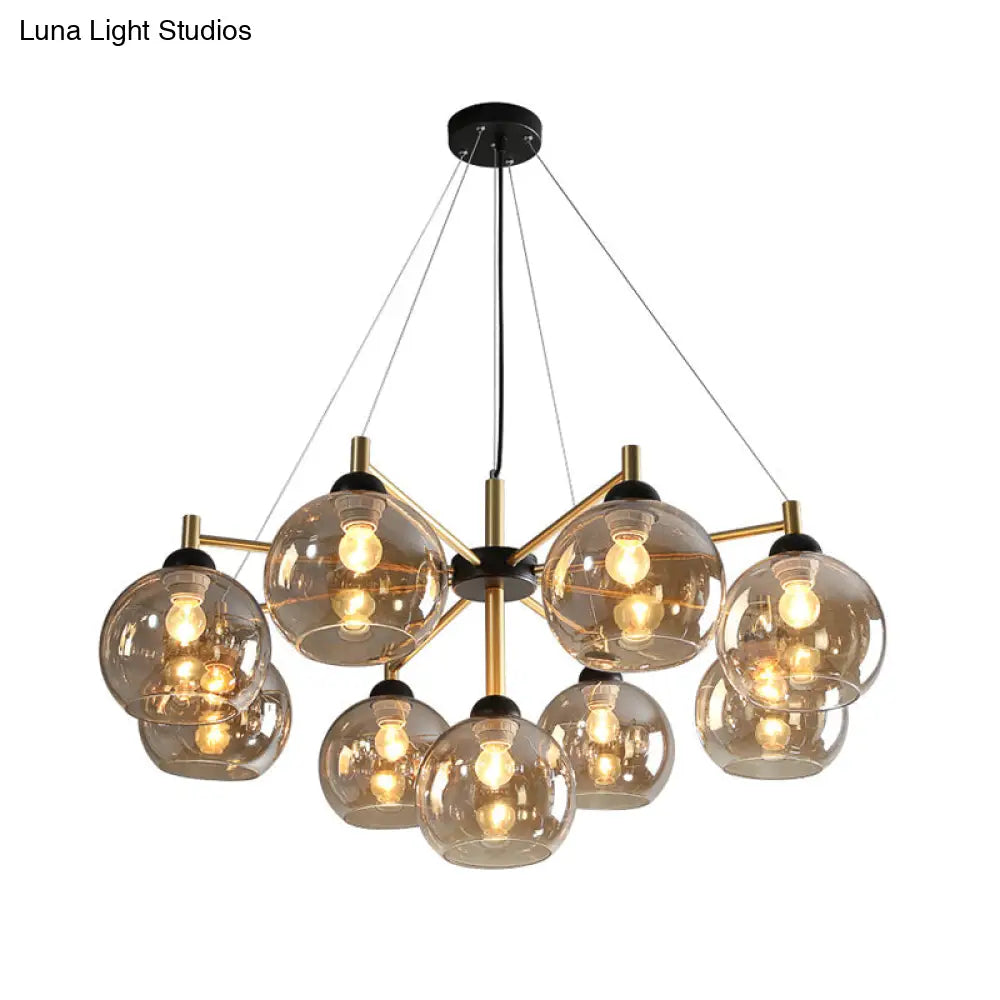 Modern Amber Glass Chandelier - 9 Bulb Ceiling Fixture In Brass For Living Room