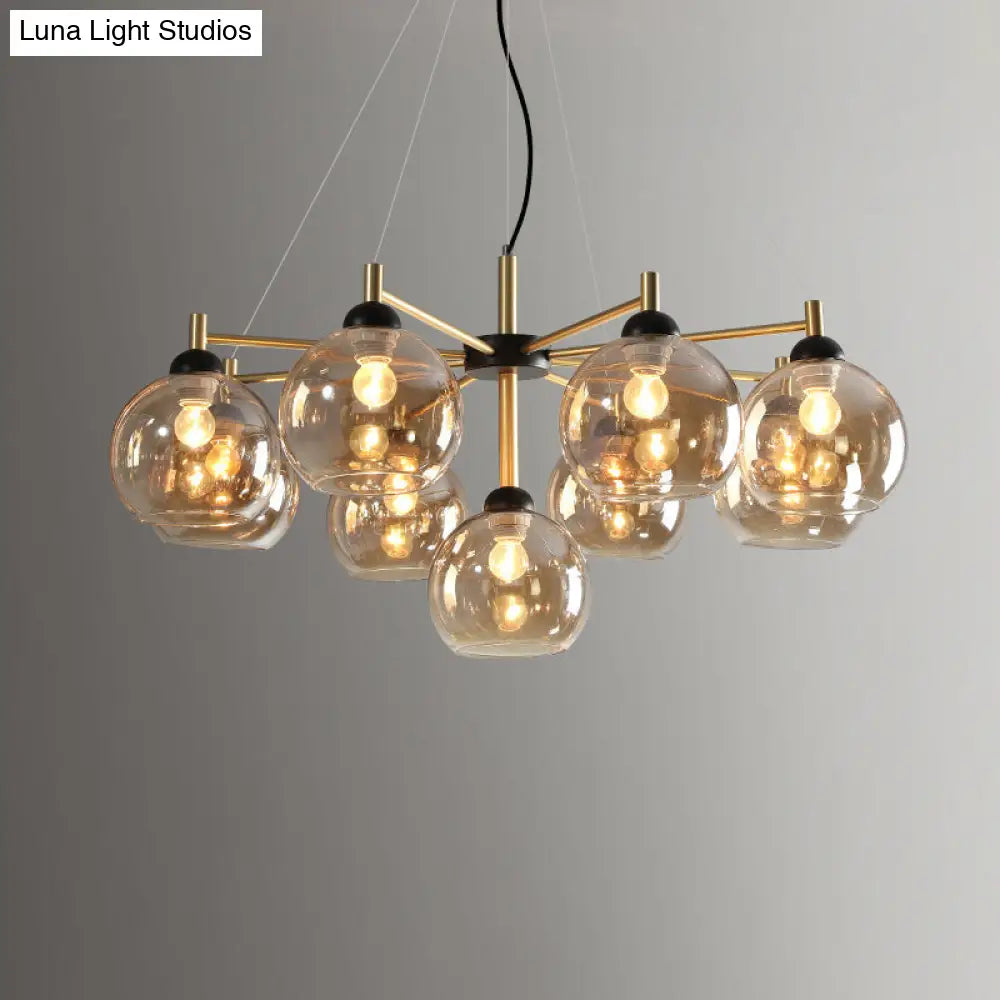 Modern Amber Glass Globe Chandelier With 9 Bulbs - Brass Ceiling Hanging Fixture For Living Room