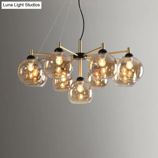 Modern Amber Glass Globe Chandelier With 9 Bulbs - Brass Ceiling Hanging Fixture For Living Room