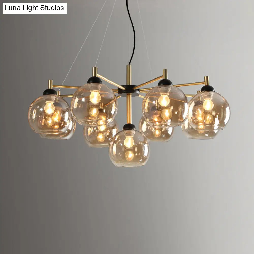 Modern Amber Glass Chandelier - 9 Bulb Ceiling Fixture In Brass For Living Room