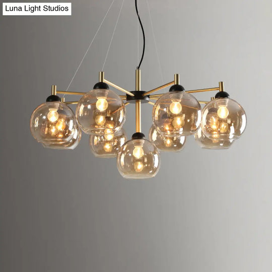 Modern Amber Glass Chandelier - 9 Bulb Ceiling Fixture In Brass For Living Room