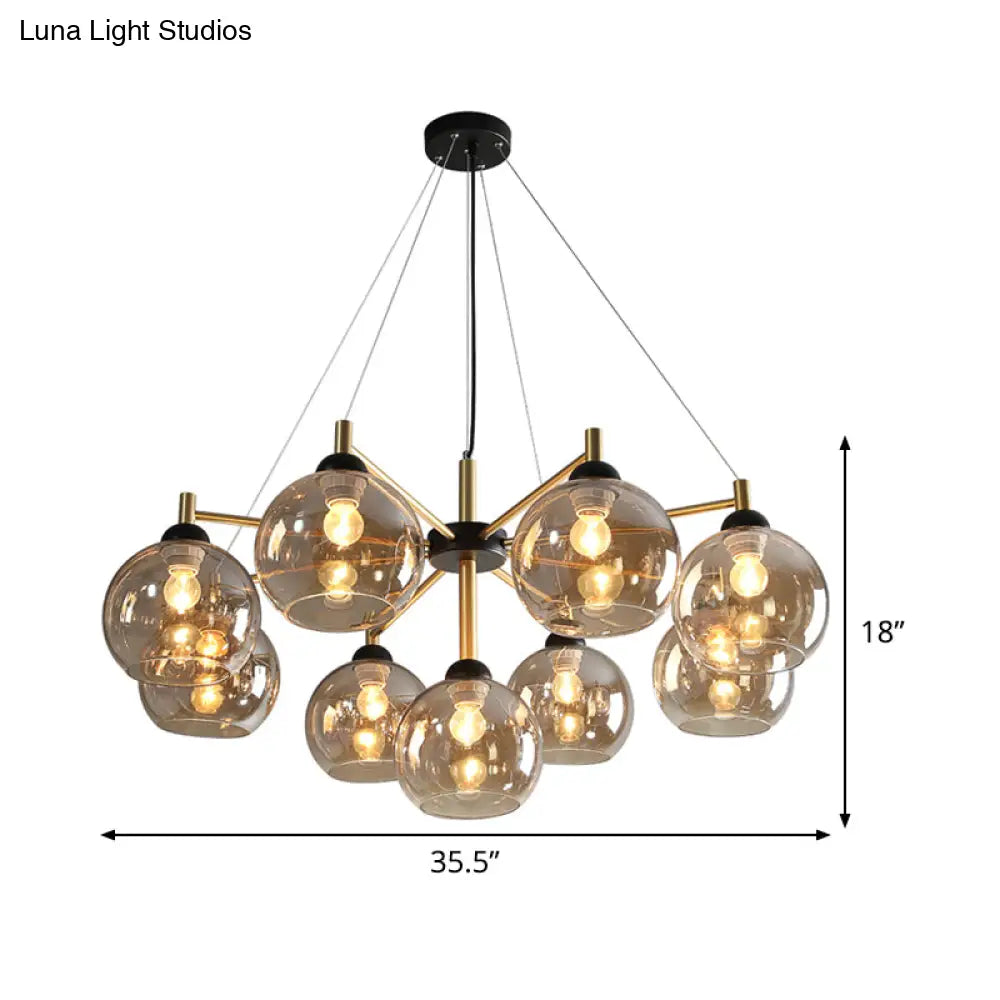 Modern Amber Glass Chandelier - 9 Bulb Ceiling Fixture In Brass For Living Room