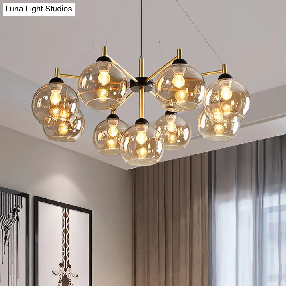 Modern Amber Glass Globe Chandelier With 9 Bulbs - Brass Ceiling Hanging Fixture For Living Room