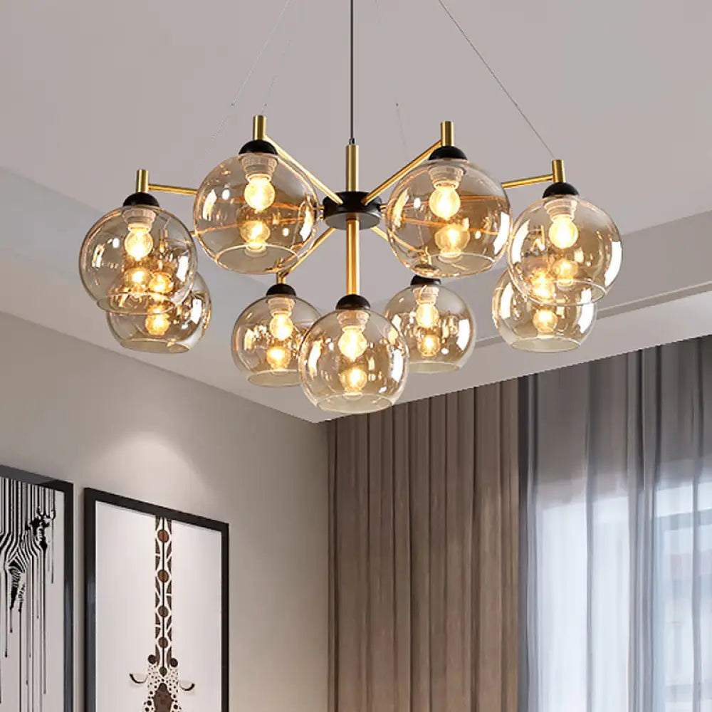 Modern Amber Glass Chandelier - 9 Bulb Ceiling Fixture In Brass For Living Room