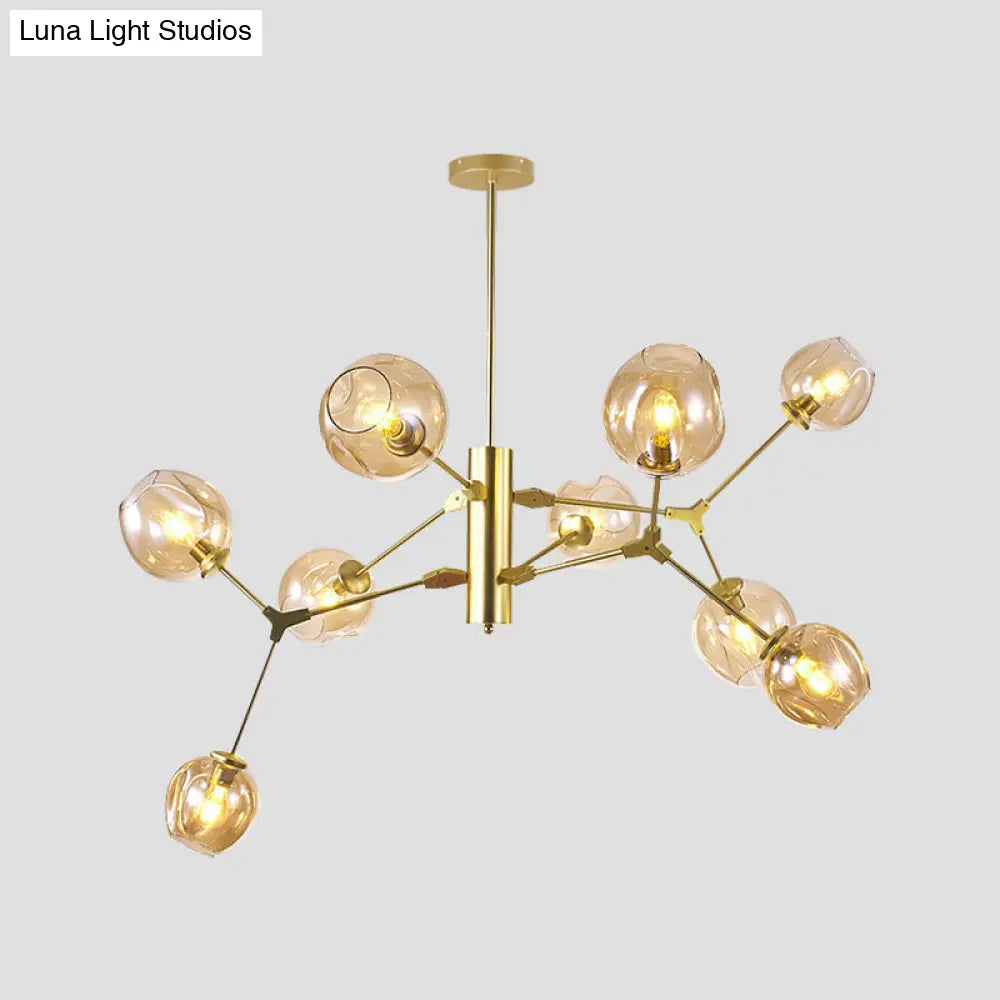 Modern Amber Glass Chandelier With Dimpled Cup Shades - 9-Bulb Pendant Lighting Fixture In Gold For