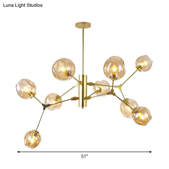 Modern Amber Glass Chandelier With Dimpled Cup Shades - 9-Bulb Pendant Lighting Fixture In Gold For