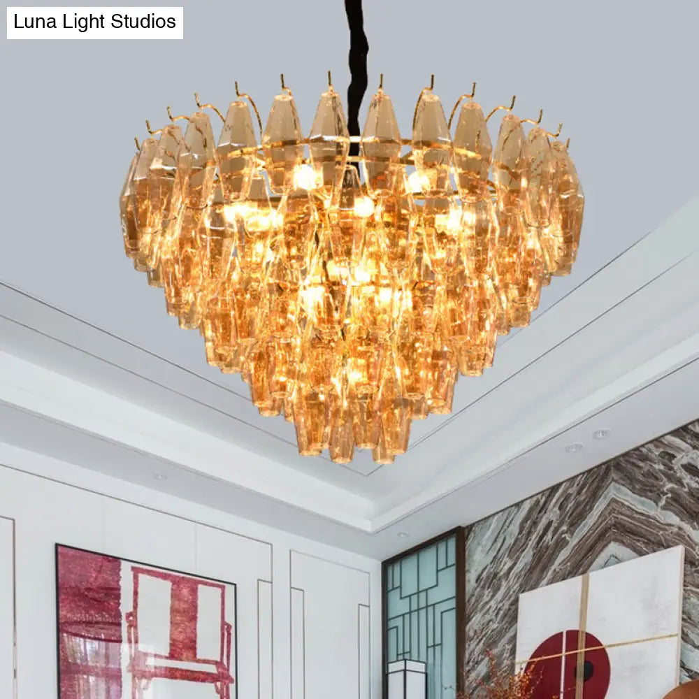 Modern Amber Glass Cone Hanging Ceiling Light With 7/9 Heads - Perfect Chandelier For Living Room