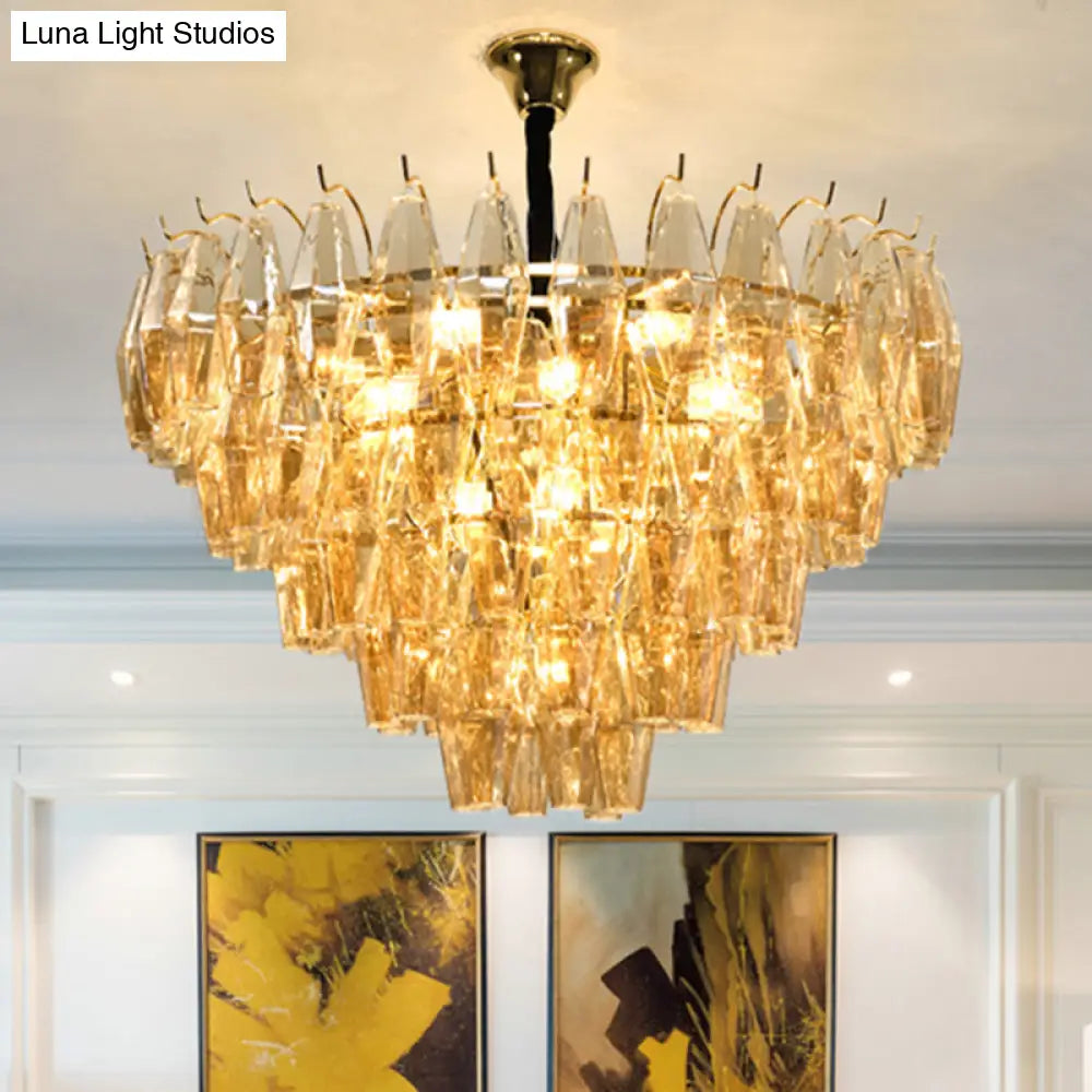 Modern Amber Glass Cone Hanging Ceiling Light With 7/9 Heads - Perfect Chandelier For Living Room