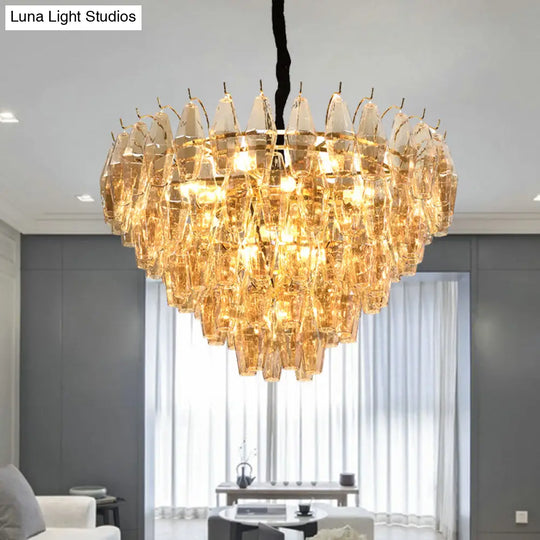 Modern Amber Glass Cone Hanging Ceiling Light With 7/9 Heads - Perfect Chandelier For Living Room