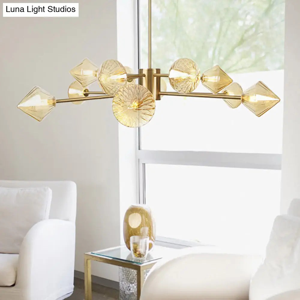 Modern Amber Glass Diamond Chandelier - 12 Head Bedroom Light Fixture