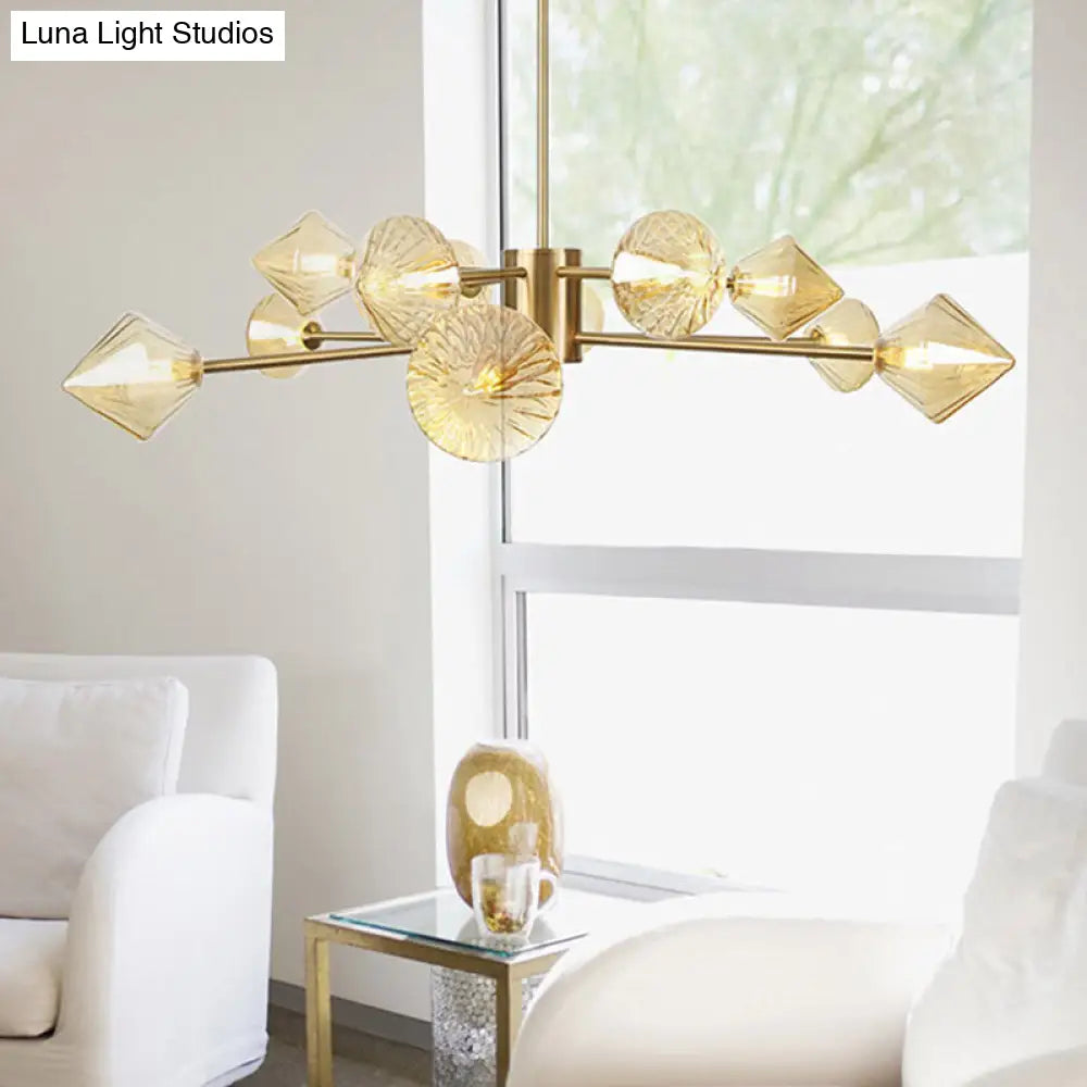 Amber Glass Modern Diamond Chandelier Light - Bedroom Lighting Fixture (12 Heads)