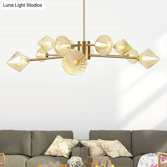 Amber Glass Modern Diamond Chandelier Light - Bedroom Lighting Fixture (12 Heads)