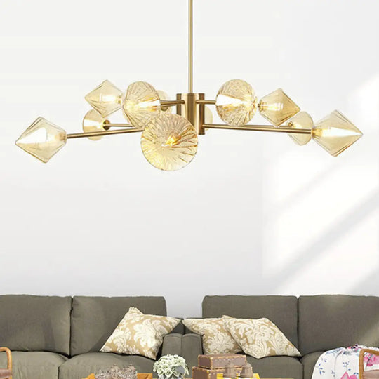 Modern Amber Glass Diamond Chandelier - 12 Head Bedroom Light Fixture