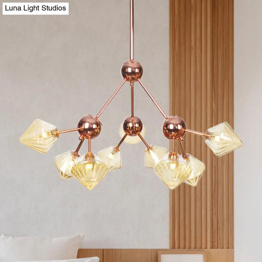 Modern Amber Glass Diamond Chandelier - 9 Bulbs Rose Gold Pendant Light Fixture