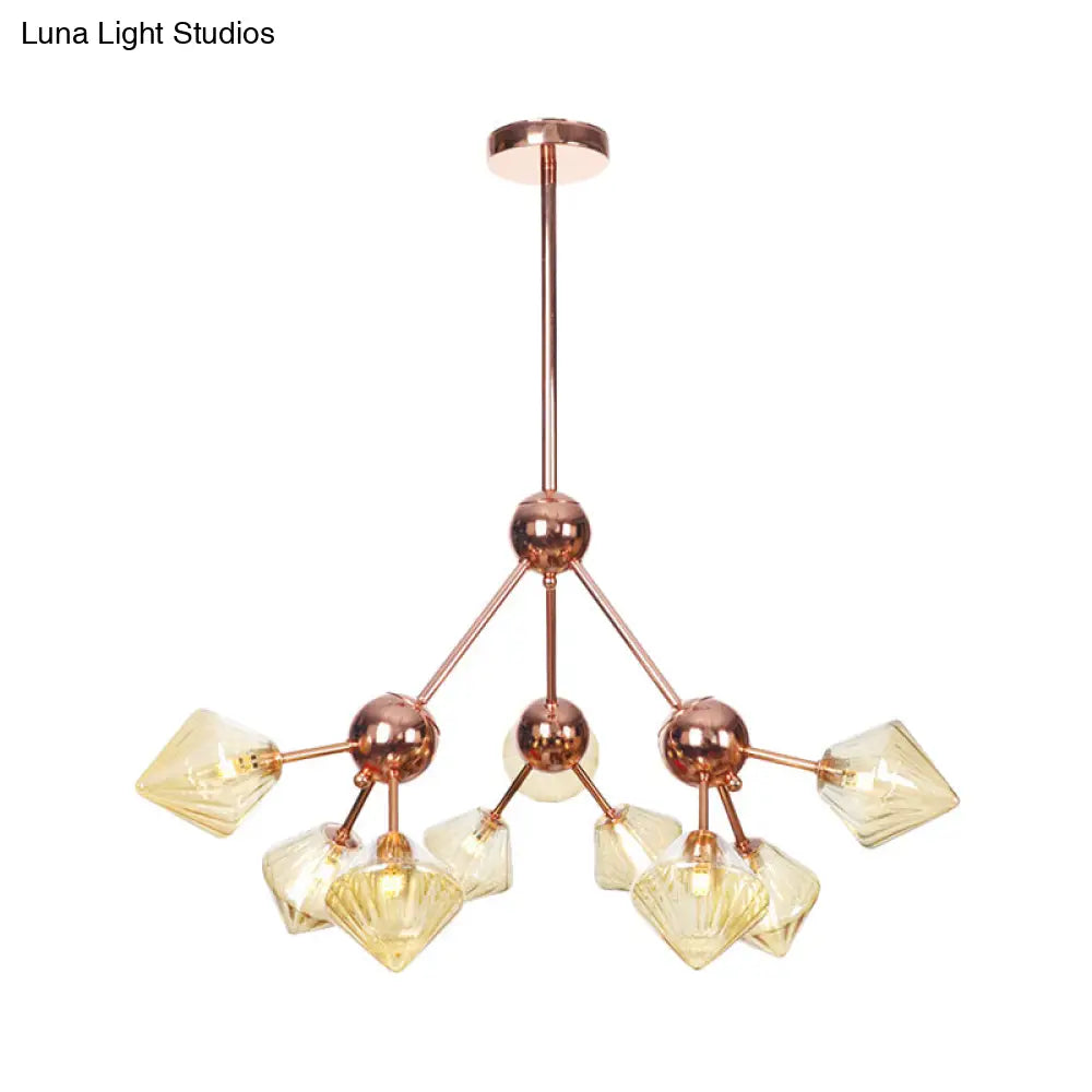 Modern Amber Glass Diamond Chandelier - 9 Bulbs Rose Gold Pendant Light Fixture