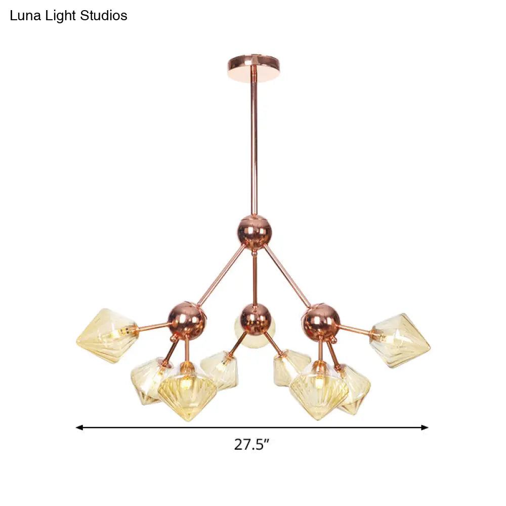 Modern Amber Glass Diamond Chandelier - 9 Bulbs Rose Gold Pendant Light Fixture