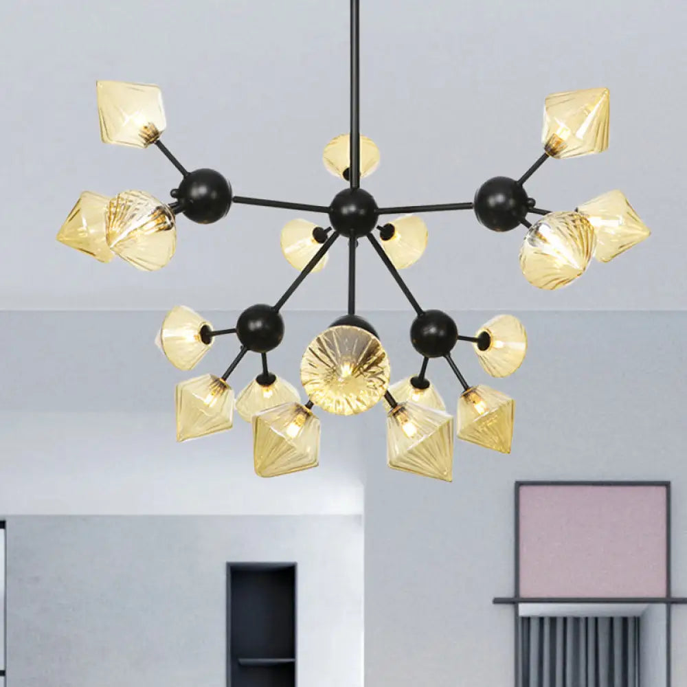 Modern Amber Glass Diamond Chandelier Pendant Light With 18 Heads In Black