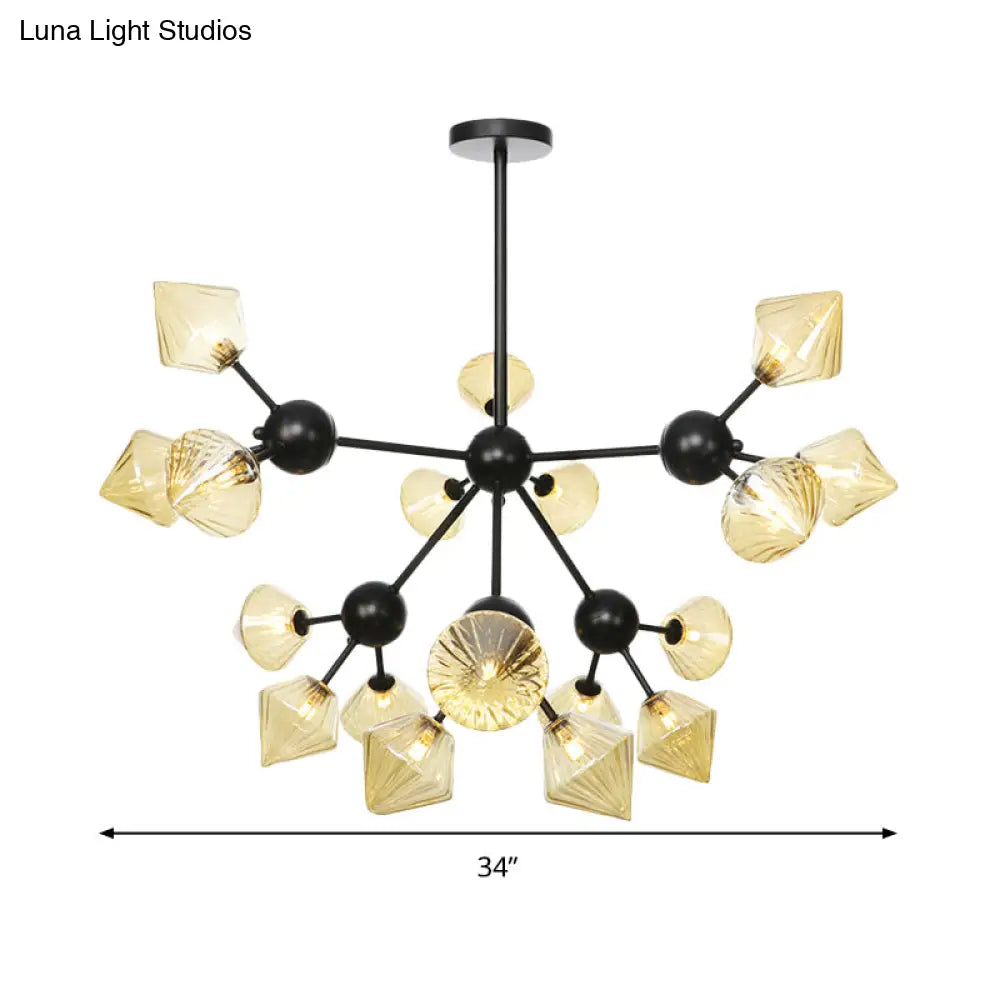 Modern Amber Glass Diamond Chandelier Pendant Light With 18 Heads In Black