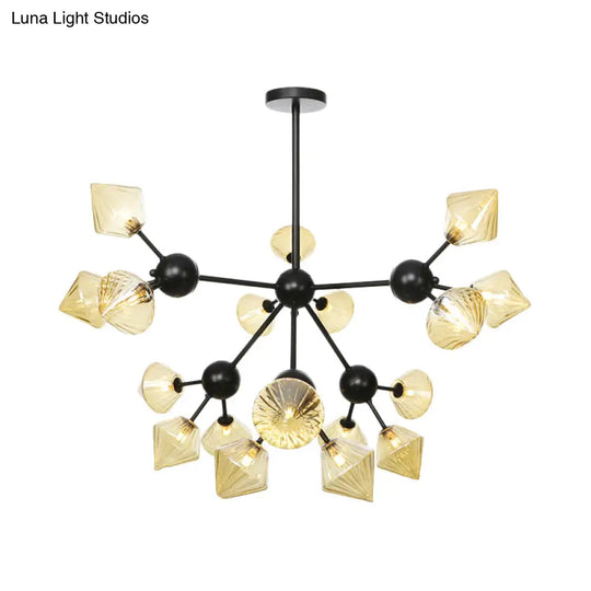 Modern Amber Glass Diamond Chandelier Pendant Light With 18 Heads In Black