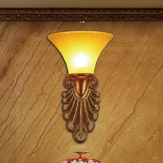 Modern Amber Glass Flared Shade Bedside Wall Sconce - 16/20.5 W Bronze Finish Peacock Tail Design