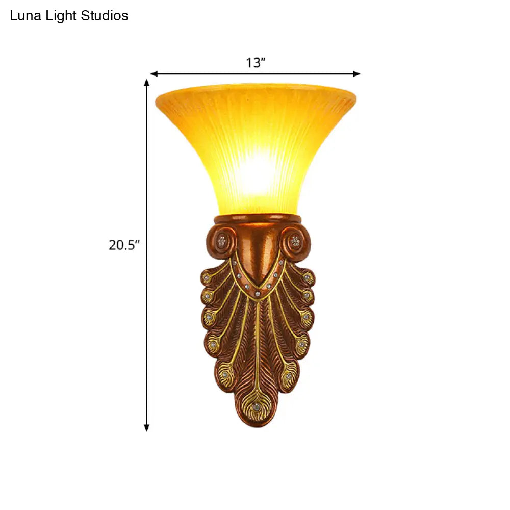 Modern Amber Glass Flared Shade Bedside Wall Sconce - 16/20.5 W Bronze Finish Peacock Tail Design