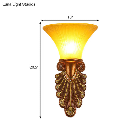 Modern Amber Glass Flared Shade Bedside Wall Sconce - 16/20.5 W Bronze Finish Peacock Tail Design