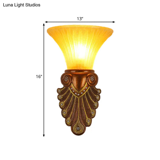 Modern Amber Glass Flared Shade Bedside Wall Sconce - 16/20.5 W Bronze Finish Peacock Tail Design