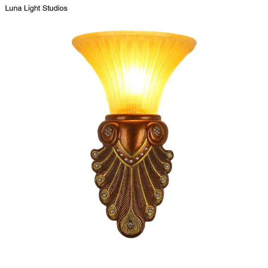 Modern Amber Glass Flared Shade Bedside Wall Sconce - 16/20.5 W Bronze Finish Peacock Tail Design