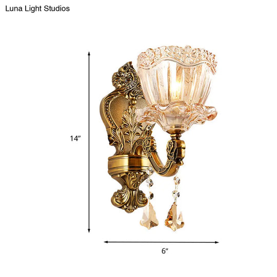 Modern Amber Glass Flower Wall Light Fixture 1/2 Head Brass Sconce With K9 Crystal Drop