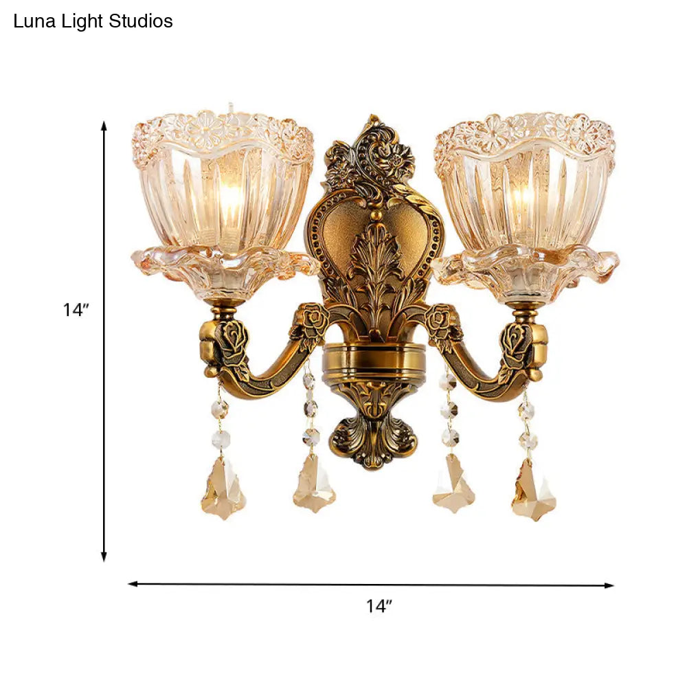 Modern Amber Glass Flower Wall Light Fixture 1/2 Head Brass Sconce With K9 Crystal Drop