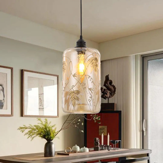 Modern Amber Glass Hanging Light: Cylindrical Pendant Lamp With Leaf Pattern For Bedroom