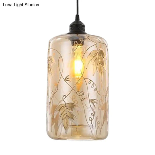 Modern Amber Glass Hanging Light: Cylindrical Pendant Lamp With Leaf Pattern For Bedroom