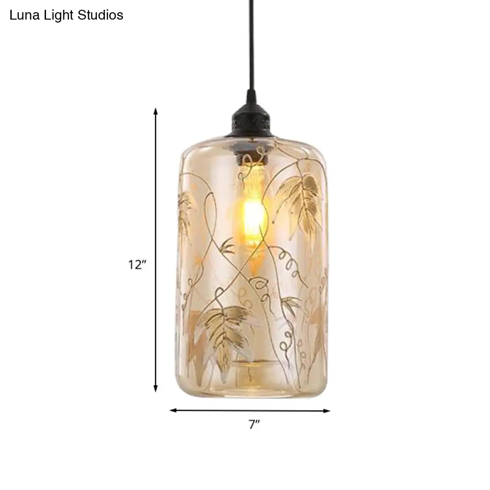 Modern Amber Glass Hanging Light: Cylindrical Pendant Lamp With Leaf Pattern For Bedroom